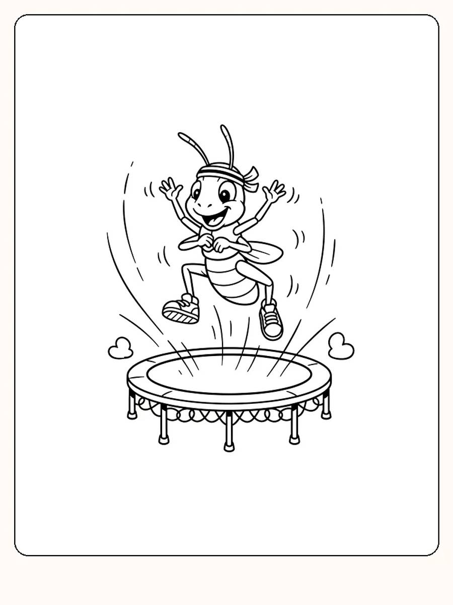 Tegning til farvelægning af et insekt, der hopper begejstret på en trampolin, klar til print