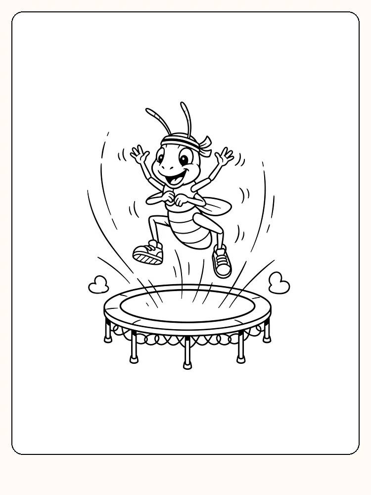 Tegning til farvelægning af et insekt, der hopper begejstret på en trampolin, klar til print