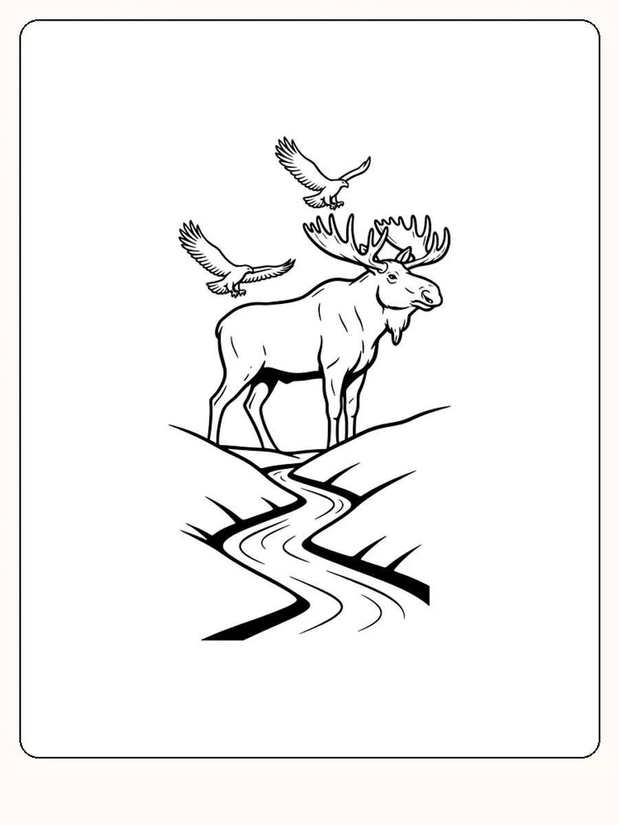 Tegning til farvelægning af en elg, der står ved en flod, mens fugle flyver over, klar til print