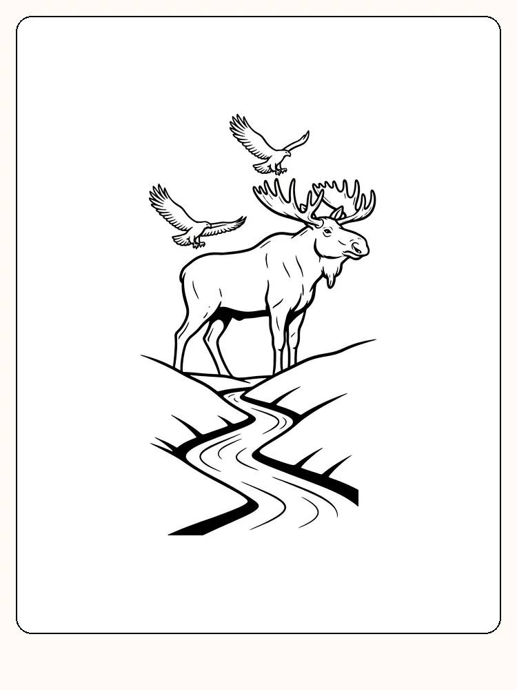 Tegning til farvelægning af en elg, der står ved en flod, mens fugle flyver over, klar til print