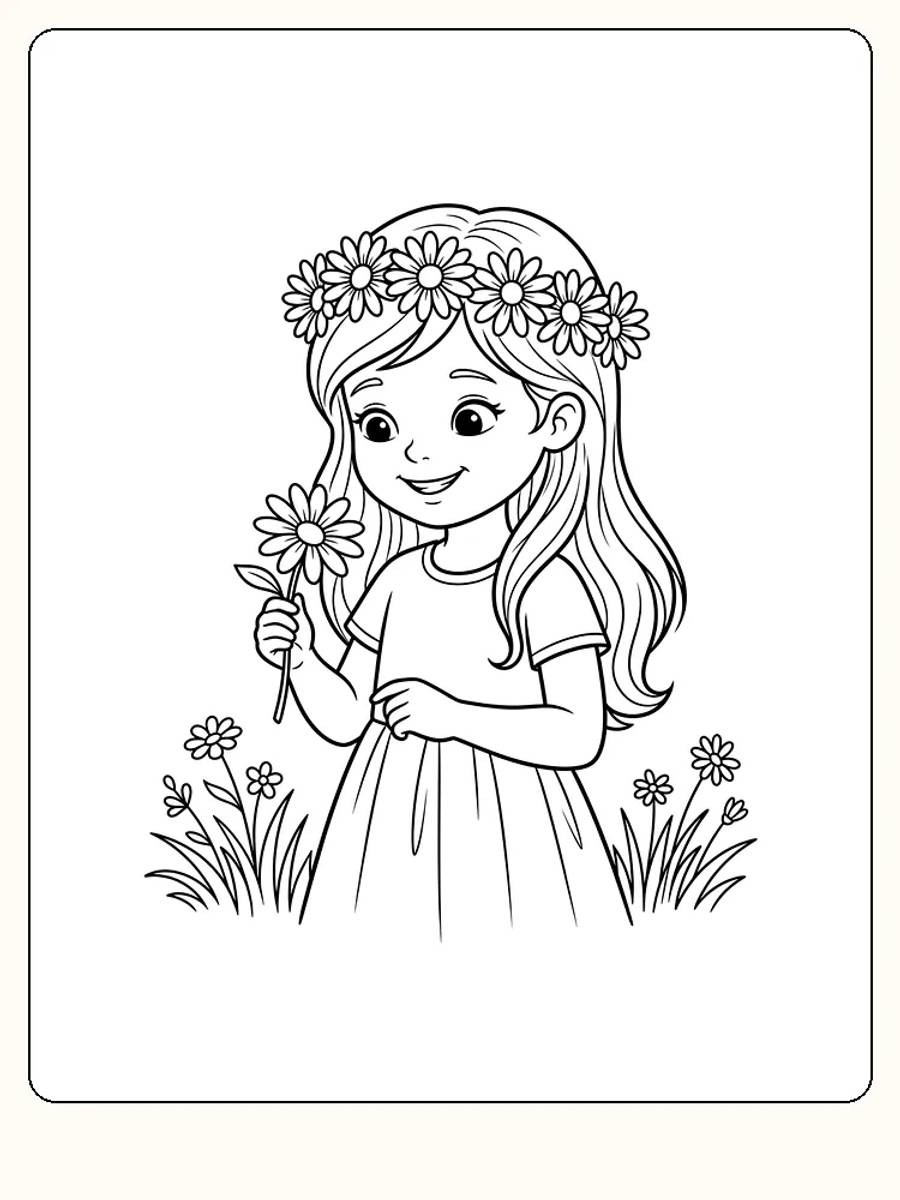 Smilende jente med blomsterkrans av prestekrager og en prestekrage i hånden, med gresstuster i hjørnene