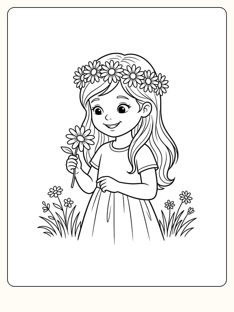 Smilende jente med blomsterkrans av prestekrager og en prestekrage i hånden, med gresstuster i hjørnene