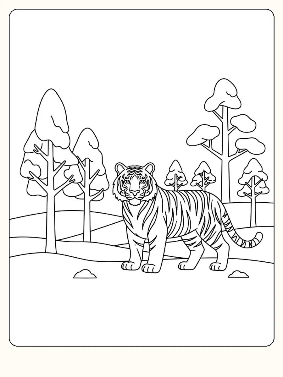 Tegning til farvelægning af en tiger i skoven med træer og buske, klar til print