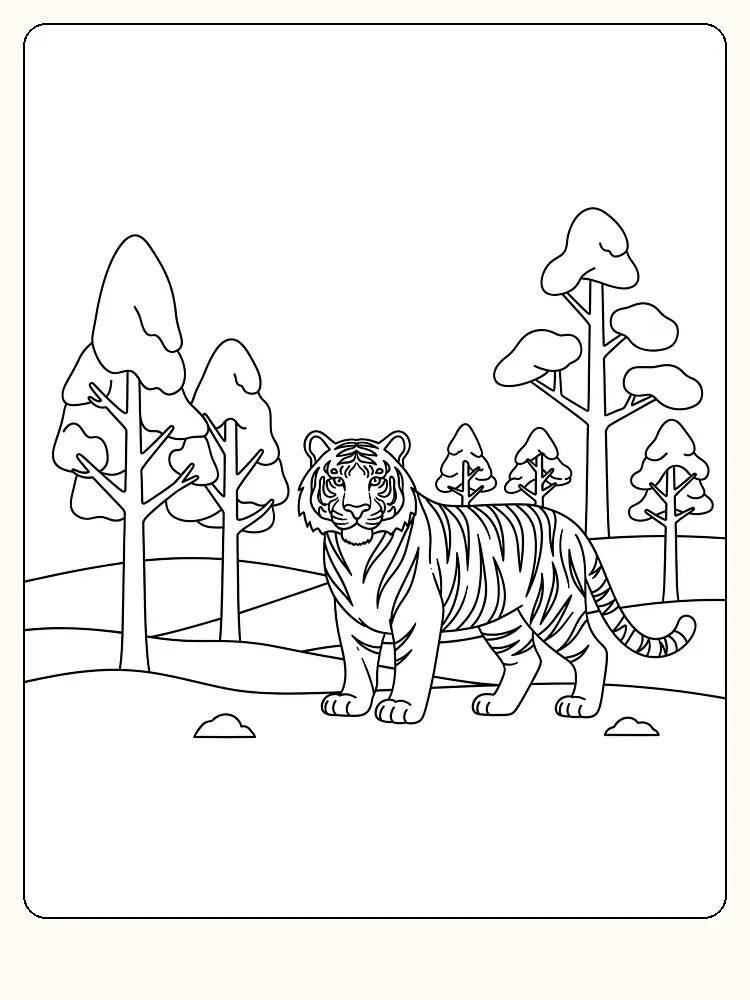 Tegning til farvelægning af en tiger i skoven med træer og buske, klar til print