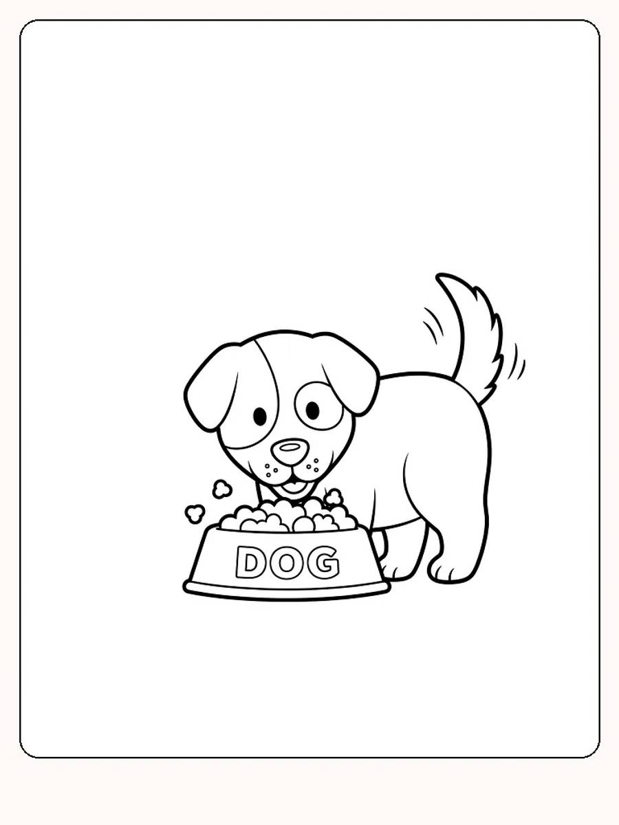Fargeleggingstegning av en glad hund som spiser fra en skål merket 'DOG', perfekt for utskrift