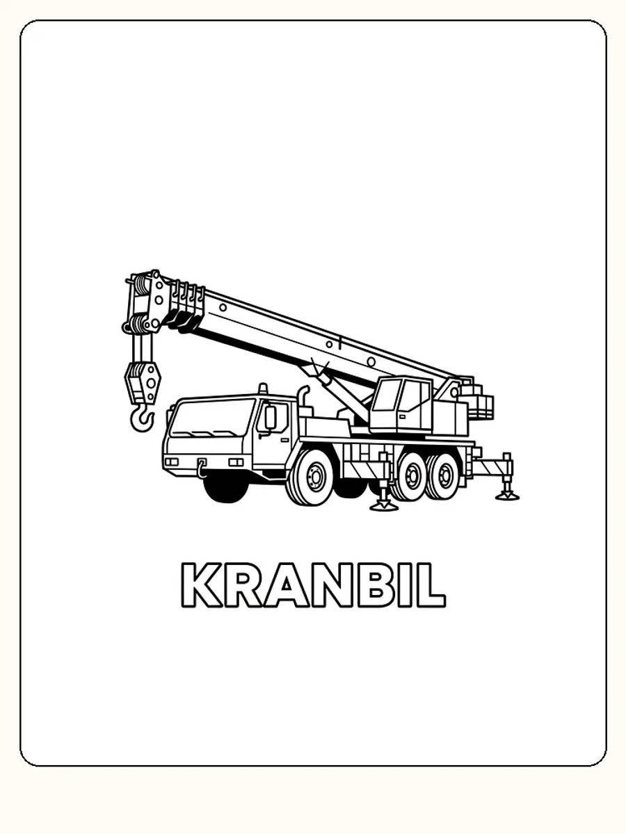Fargeleggingstegning av en kranbil med detaljer og stor kranarm, klar for utskrift