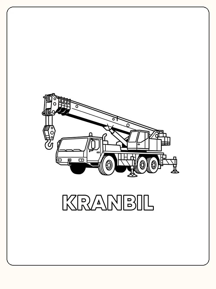 Fargeleggingstegning av en kranbil med detaljer og stor kranarm, klar for utskrift