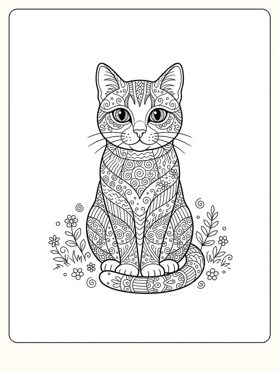 Detailreiche Katze, die mit eingerolltem Schwanz um die Vorderpfoten sitzt, der Körper voller Musterfelder, an den Seiten Blumen und Gras