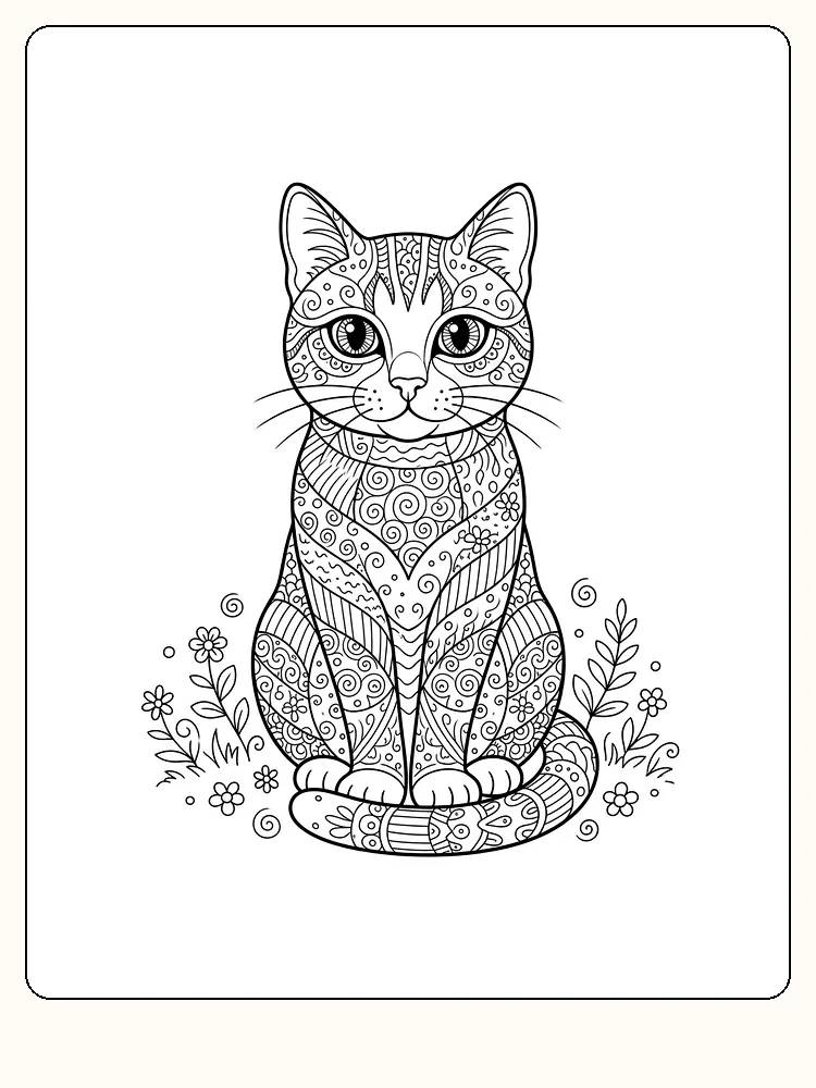 Detailreiche Katze, die mit eingerolltem Schwanz um die Vorderpfoten sitzt, der Körper voller Musterfelder, an den Seiten Blumen und Gras