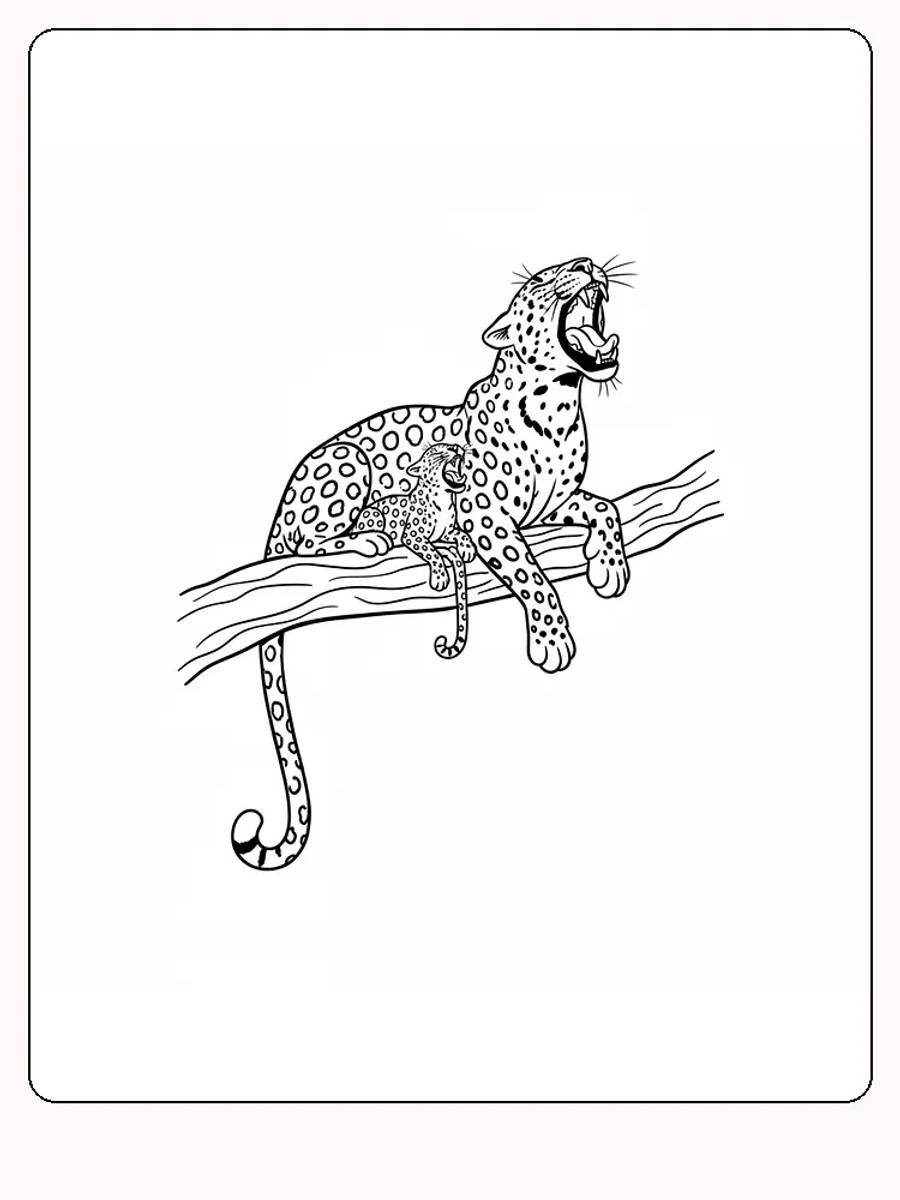 Fargeleggingstegning av leopardmor med unge på tre, klar for utskrift