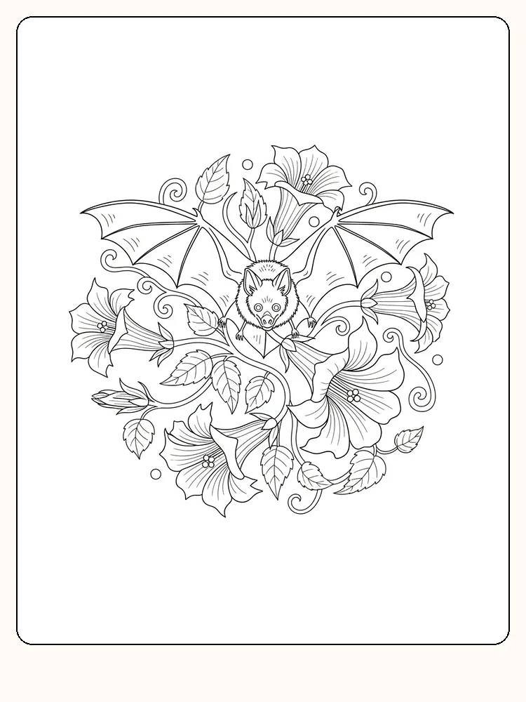 Detaljert fargelegging av flaggermus med blomster, klar for utskrift