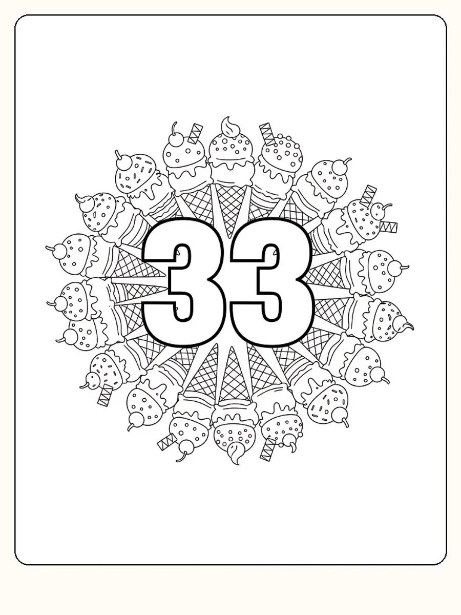 Ausmalbild einer Eiskrem-Mandala mit der Zahl 33 in der Mitte, bereit zum Ausdrucken.