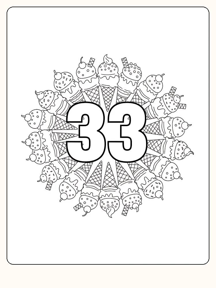 Ausmalbild einer Eiskrem-Mandala mit der Zahl 33 in der Mitte, bereit zum Ausdrucken.