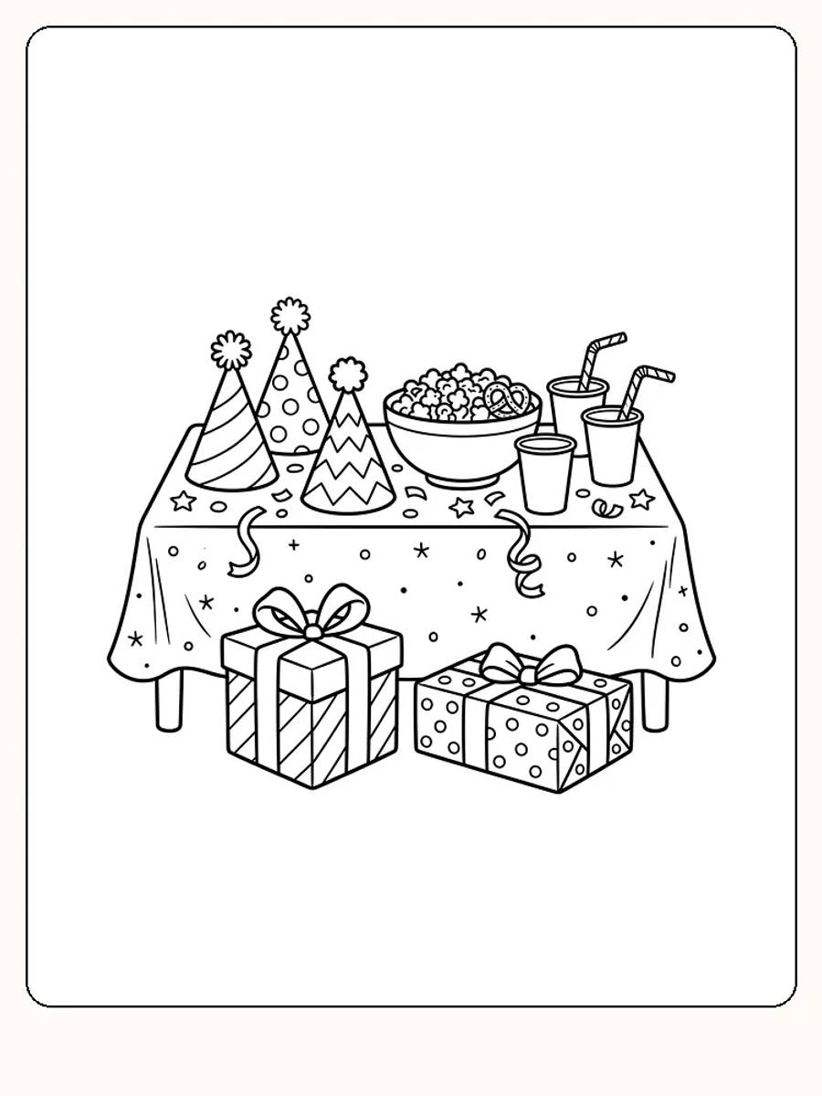Table d'anniversaire avec une nappe, trois chapeaux de fête, du pop-corn, un bretzel, des gobelets avec des pailles et deux cadeaux emballés devant la table