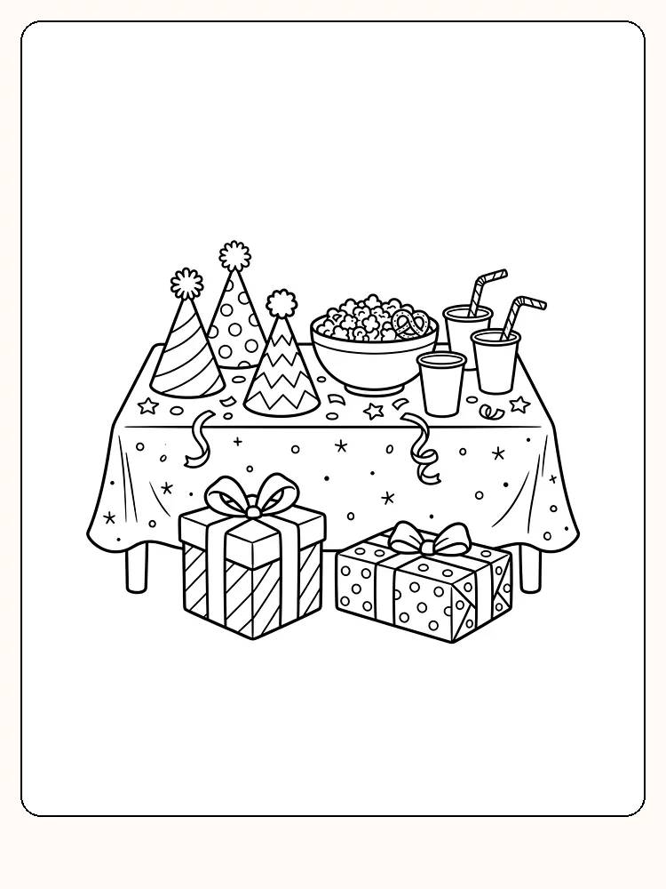 Table d'anniversaire avec une nappe, trois chapeaux de fête, du pop-corn, un bretzel, des gobelets avec des pailles et deux cadeaux emballés devant la table