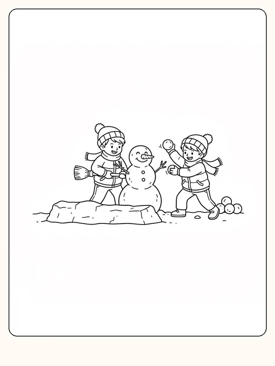 Målarbild av barn som bygger en snögubbe i snön, redo för måla.