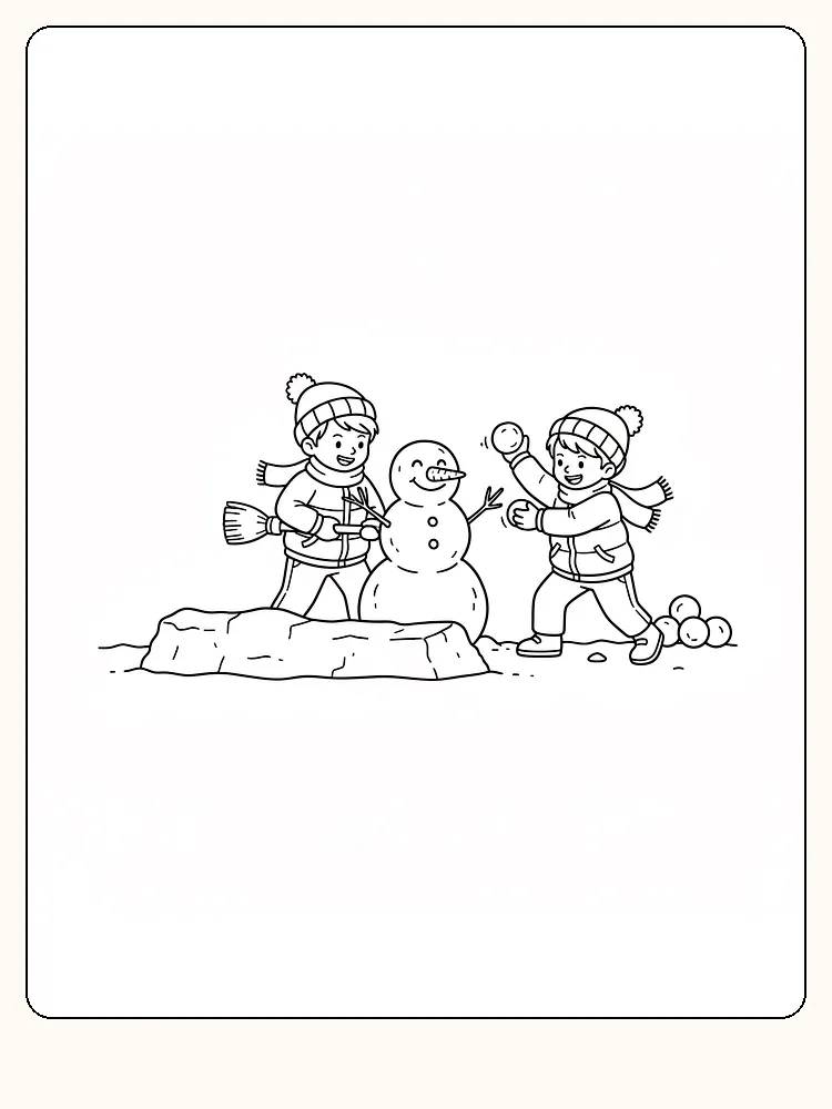 Målarbild av barn som bygger en snögubbe i snön, redo för måla.