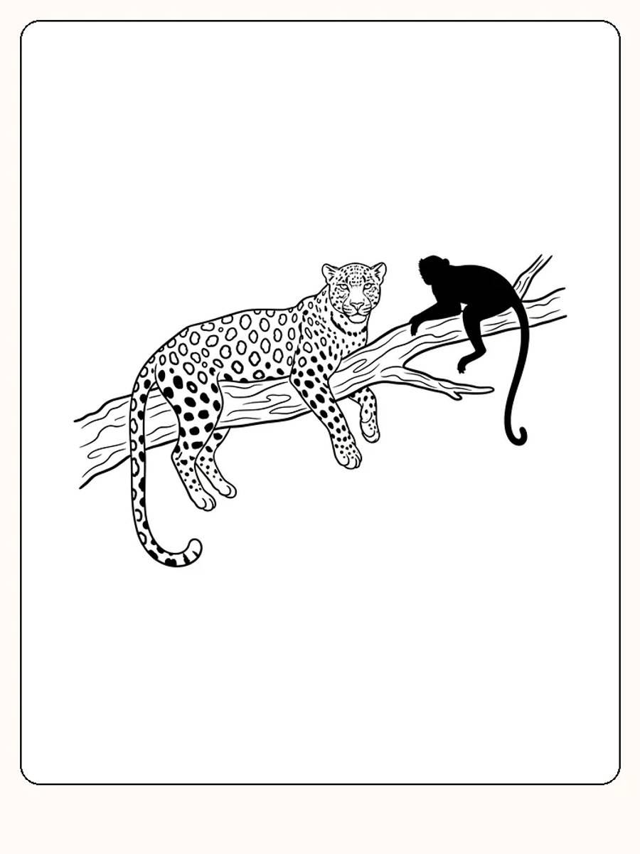 Fargeleggingstegning av en leopard og en ape i tre, klar for utskrift