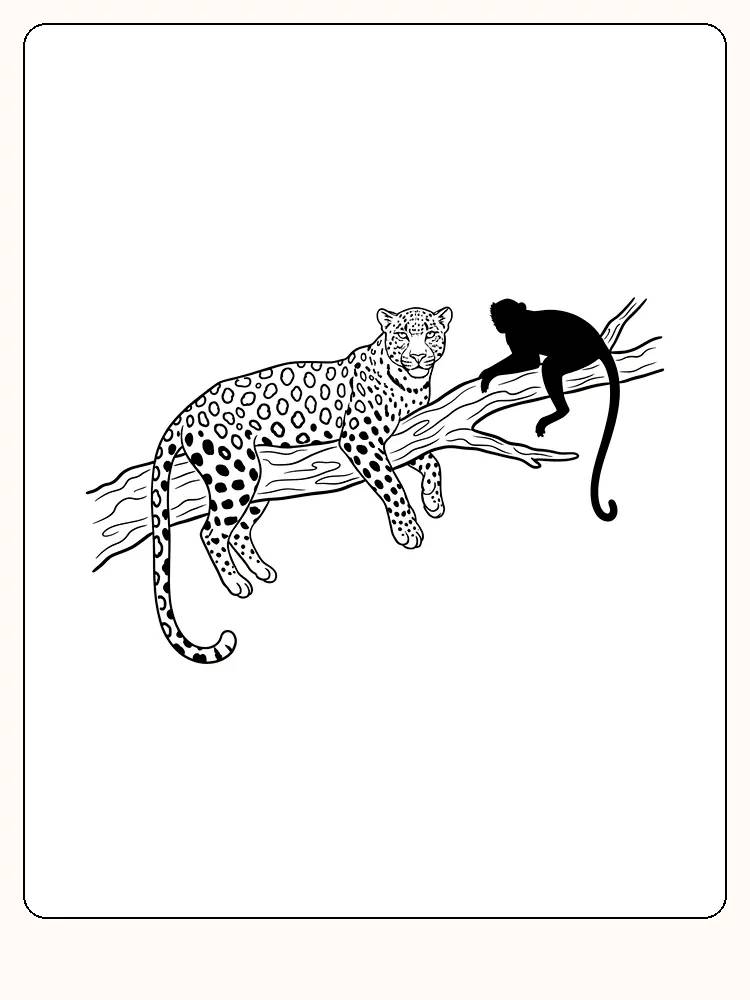 Fargeleggingstegning av en leopard og en ape i tre, klar for utskrift