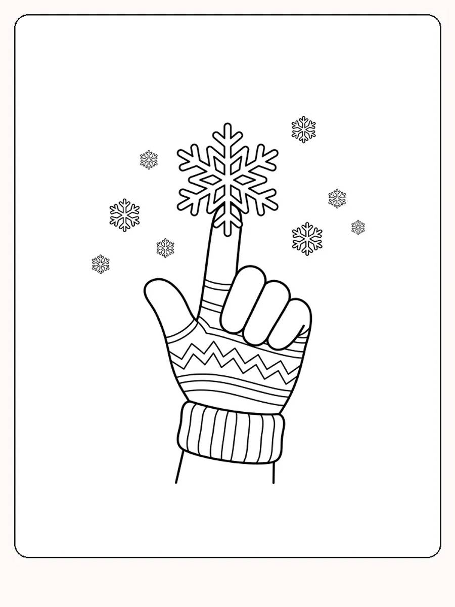 Main dans un gant en tricot, index levé et grand flocon de neige sur le bout du doigt, entourée de petits flocons