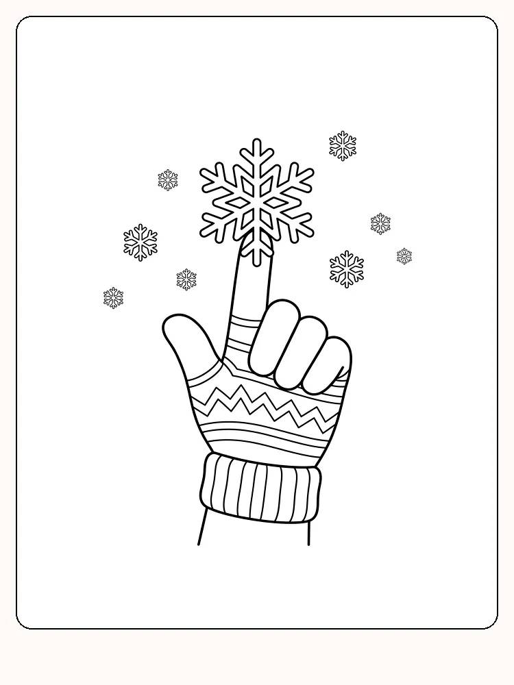 Main dans un gant en tricot, index levé et grand flocon de neige sur le bout du doigt, entourée de petits flocons