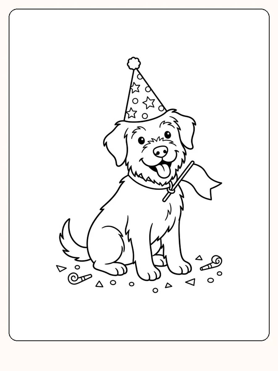 Glad hund med partyhatt och tungan ute på nationaldagen 17 maj, med flagga vid halsbandet och konfetti runt tassarna