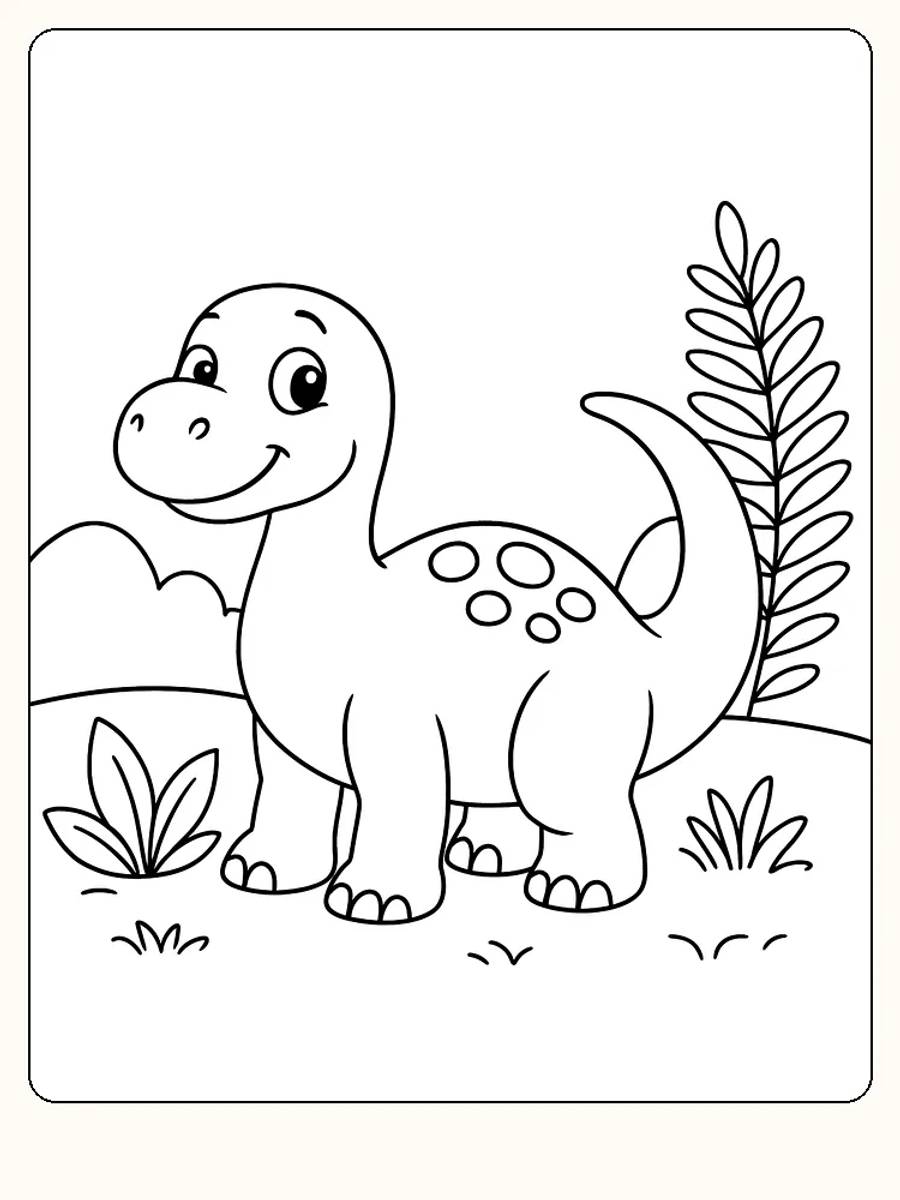 Tegning til farvelægning af en glad dinosaur i et enkelt landskab