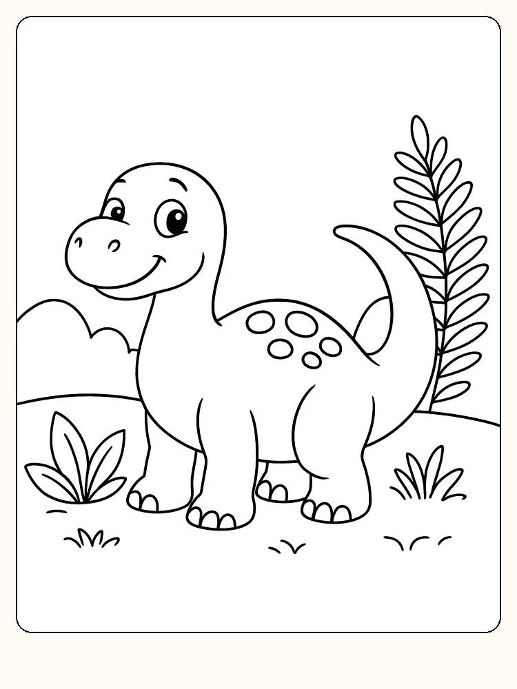 Tegning til farvelægning af en glad dinosaur i et enkelt landskab