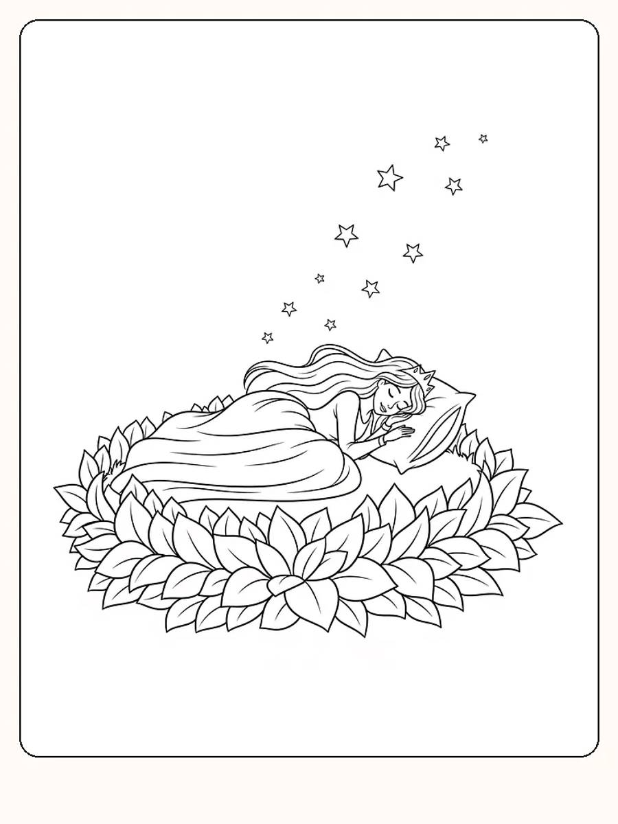 Fargeleggingstegning av prinsesse som sover omgitt av blomster og stjerner