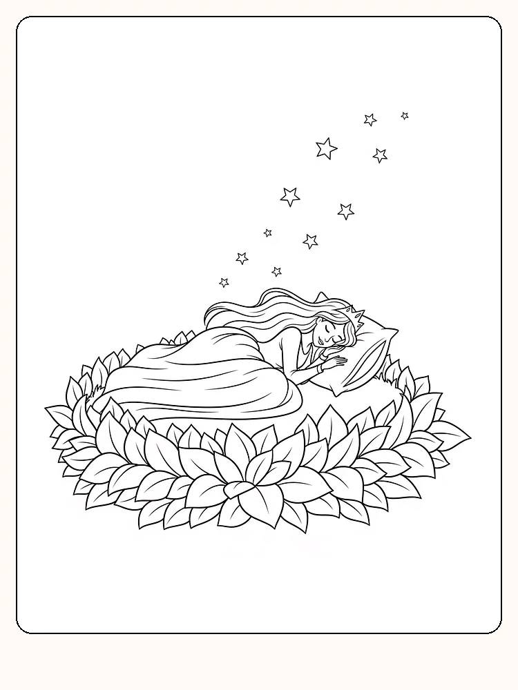 Fargeleggingstegning av prinsesse som sover omgitt av blomster og stjerner