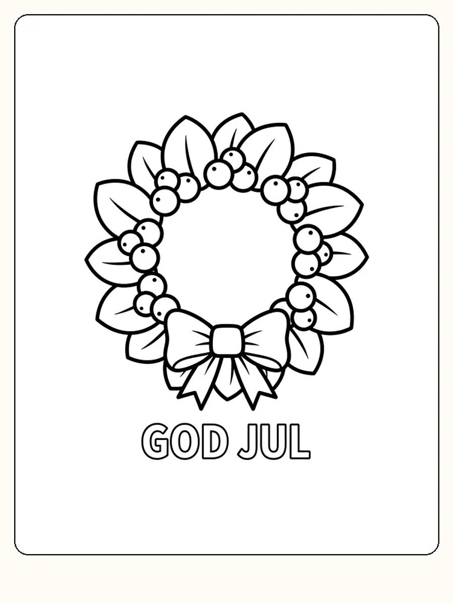 Fargeleggingstegning av julekrans med sløyfe og teksten God Jul, klar for utskrift