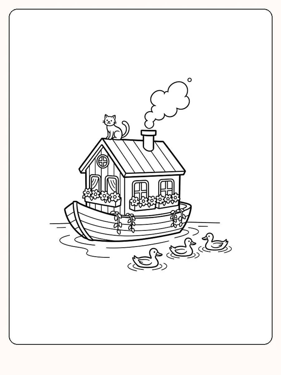 Alt-Text: Ausmalbild eines Hausboots auf dem Wasser mit einer Katze auf dem Dach und drei schwimmenden Enten.