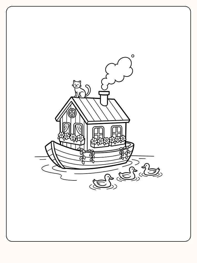 Alt-Text: Ausmalbild eines Hausboots auf dem Wasser mit einer Katze auf dem Dach und drei schwimmenden Enten.