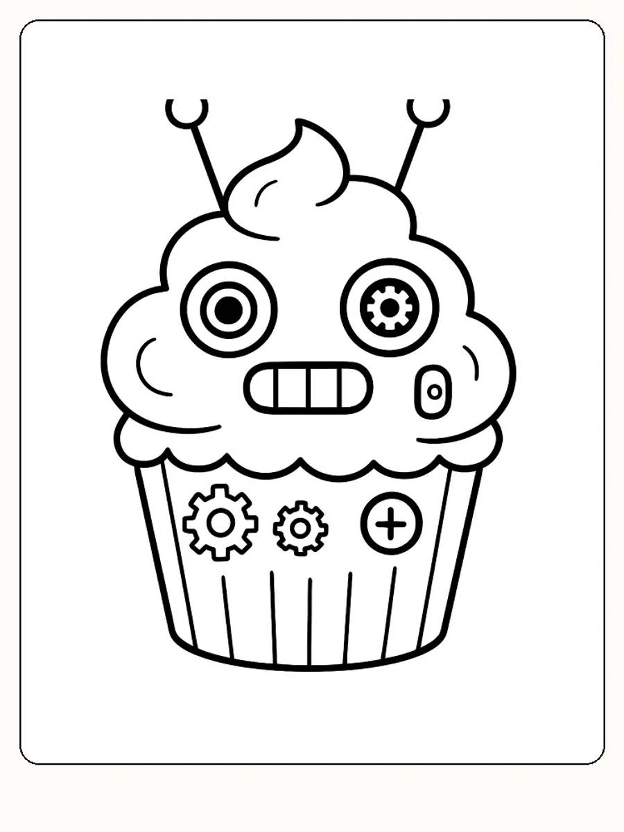 Fargeleggingstegning av en muffin som ser ut som en robot, med antenner og gir