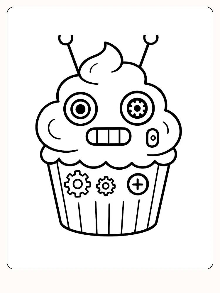 Fargeleggingstegning av en muffin som ser ut som en robot, med antenner og gir