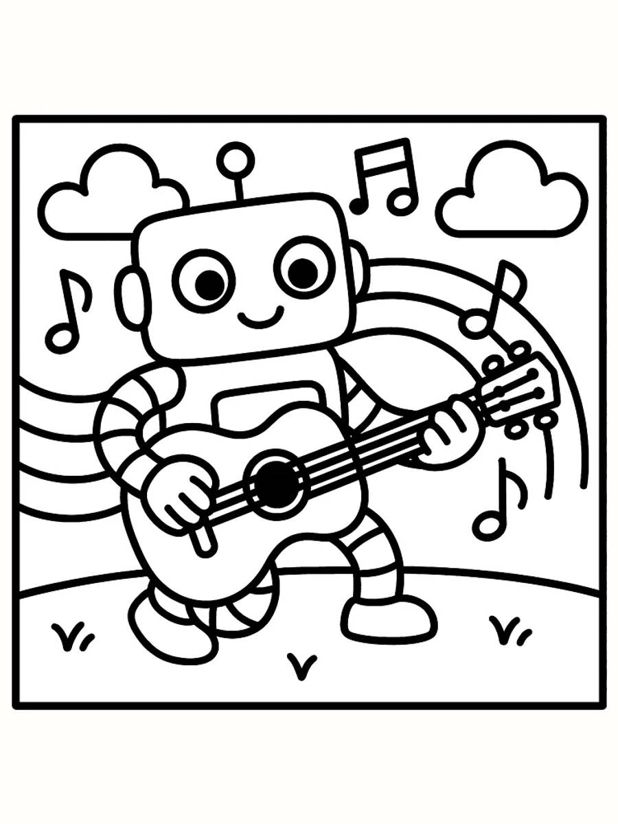 Tegning til farvelægning af en robot, der spiller guitar under en sky, klar til print