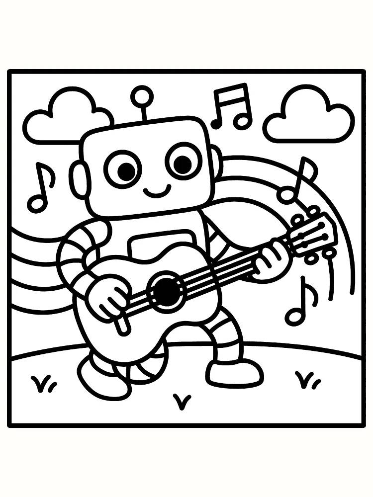Tegning til farvelægning af en robot, der spiller guitar under en sky, klar til print