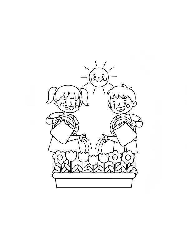 Barn som vanner blomster under sol