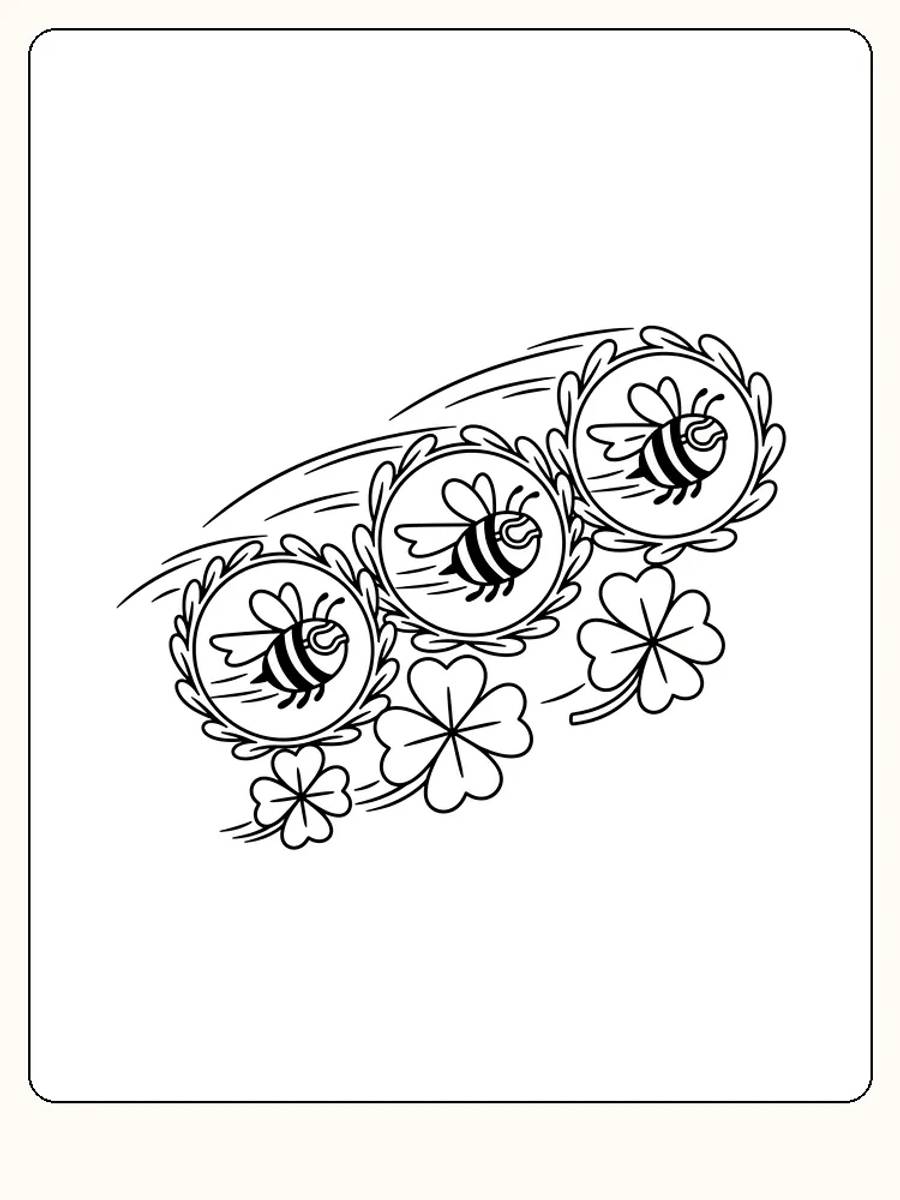 Fargeleggingstegning av bier og kløverblomster i bevegelse, klar for utskrift