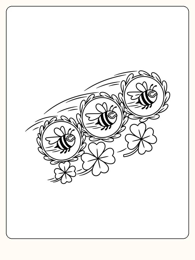 Fargeleggingstegning av bier og kløverblomster i bevegelse, klar for utskrift