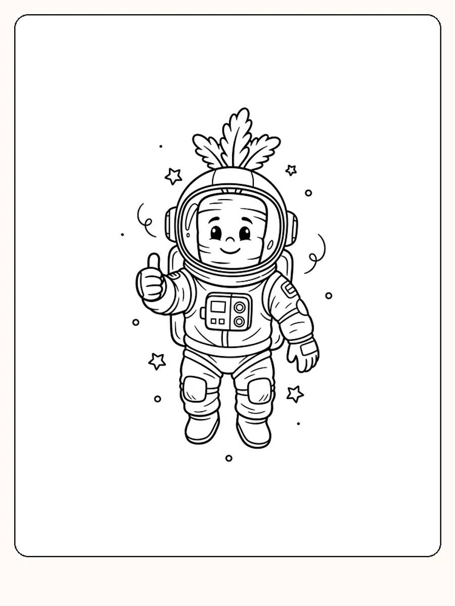 Tegning til farvelægning af et barn i astronautdragt med stjerner rundt om, klar til print