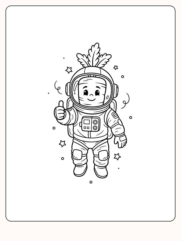 Tegning til farvelægning af et barn i astronautdragt med stjerner rundt om, klar til print
