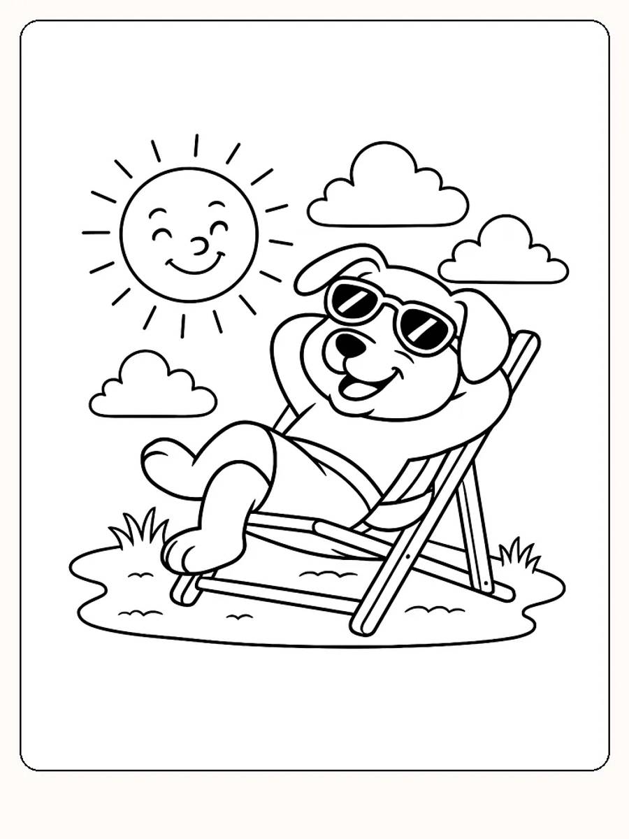 Fargeleggingstegning av en avslappet hund i solstol med solbriller under en smilende sol