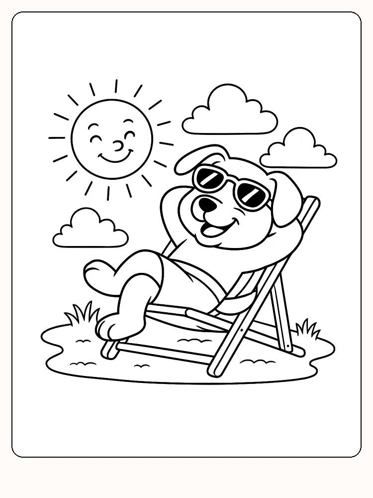Fargeleggingstegning av en avslappet hund i solstol med solbriller under en smilende sol