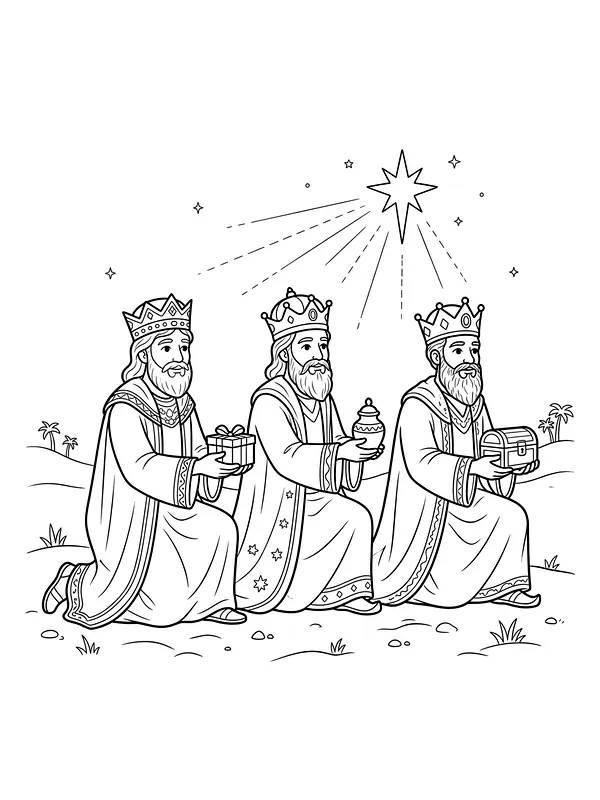 Tre knælende konger med gaver i juleevangeliet