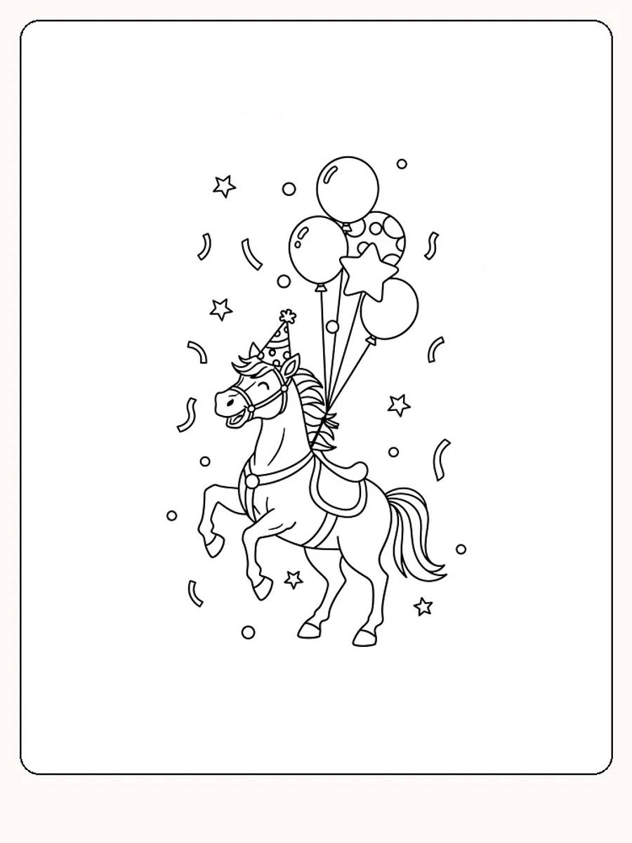 Fargeleggingstegning av en festlig hest med ballonger og konfetti