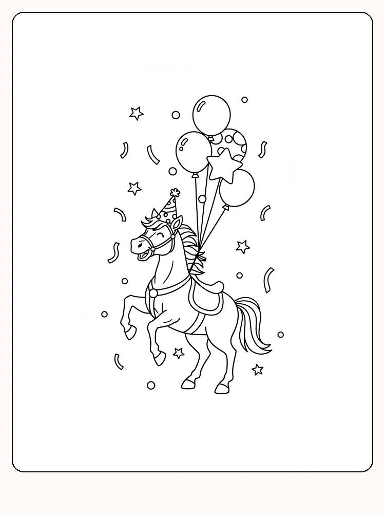 Fargeleggingstegning av en festlig hest med ballonger og konfetti