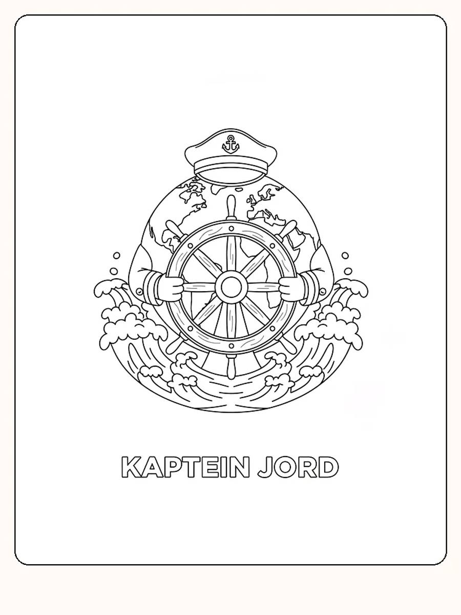 Tegning til farvelægning af 'Kaptajn Jord', der styrer et ror omgivet af kort, klar til print