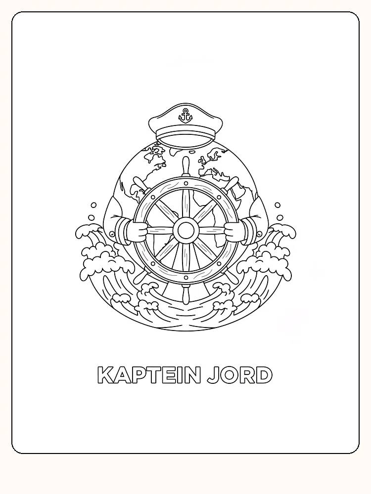 Tegning til farvelægning af 'Kaptajn Jord', der styrer et ror omgivet af kort, klar til print