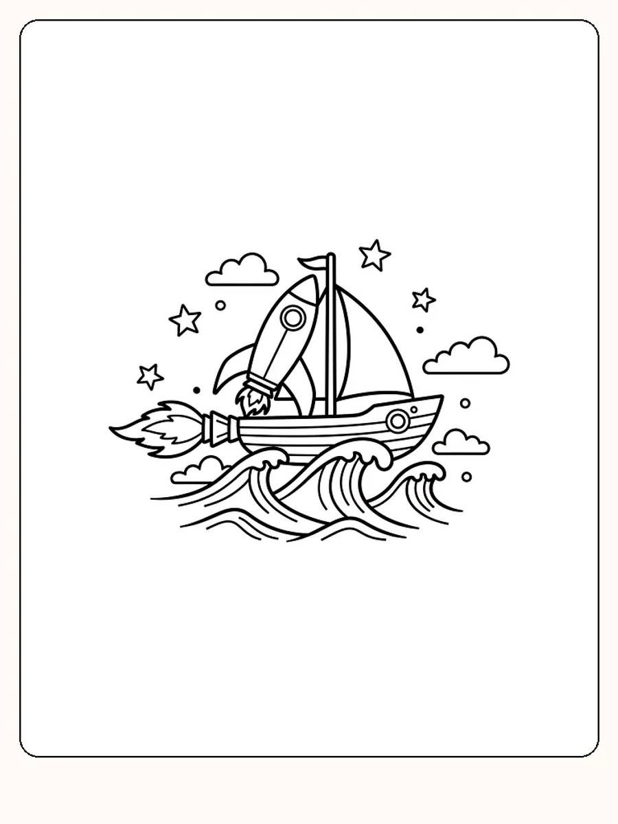 Ausmalbild eines einzigartigen Bootes mit einer Rakete, das unter den Sternen auf den Wellen segelt, bereit zum Ausdrucken.